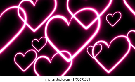 Lots Of Pink Neon Heart Signs In Motion, Neon Retro Style Background