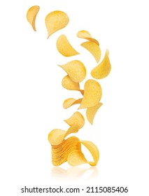 Lots of potato chips in the air on a white background