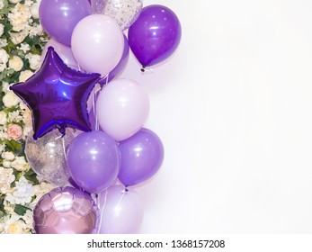 Lots Of Purple, Pink And White Balloons On White Background