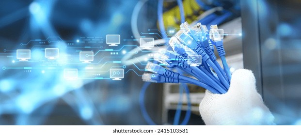 Lots of RJ45 UTP Cat6 LAN internet connection network cable fiber optic and Lots of Ethernet cables for data link connect computer server networking devices system to switch or hub modem router.