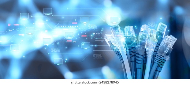 Lots of RJ45 UTP Cat6 LAN internet network cable fiber optic and Ethernet cables with computer icons data link connect cloud computing server networking devices system to switch or hub modem router.