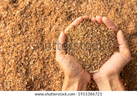 Lots of sawdust or wood chips in a man's hand.