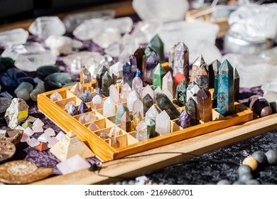 Lots Of Simple Small Multi Colored Decorative Crystals On Sale, Group Of Objects Detail Closeup, Shallow Dof Large Set Of Many Natural Colorful Decoration Crystals In Store Up Close, Nobody, No People