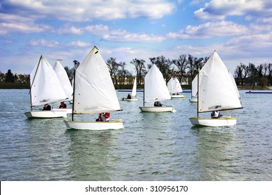 Lots of Small white boats sailing on the lake 
