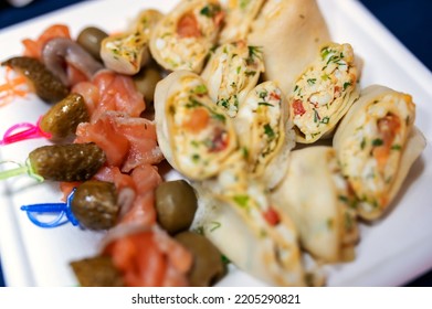 Lots Of Stuffed Pancakes And Cucumber Canapes