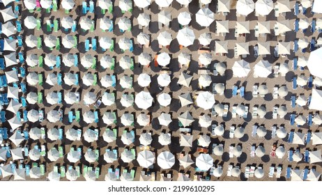 Lots Of White Umbrellas On The Beach From Above