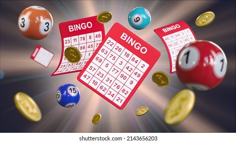 Lottery tickets with lucky numbers, coins and balls on the sunny background