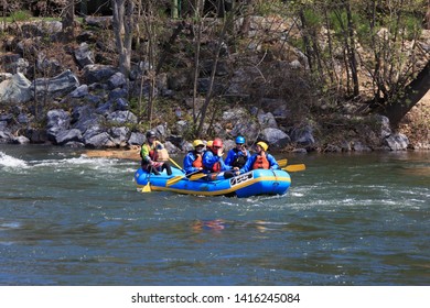 LOTTUS, CALIFORNIA, USA - APR 15, 2019: White Water Rafting On The Rapids Of American River In Sacramento Region. 