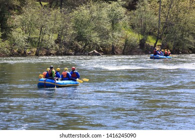 LOTTUS, CALIFORNIA, USA - APR 15, 2019: White Water Rafting On The Rapids Of American River In Sacramento Region. 