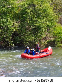 LOTTUS, CALIFORNIA, USA - APR 15, 2017: White Water Rafting On The Rapids Of American River In Sacramento Region. 