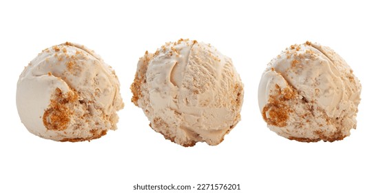 Lotus biscuit vanilla three scoops gelato ice cream in different angles and textures. 