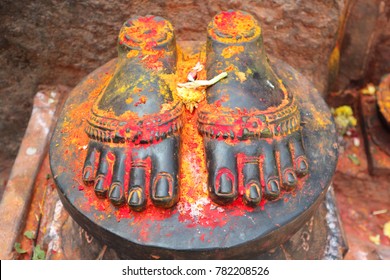 Lotus Feet Are Sprinkled With Kunkuma And Turmeric. Worship Of Holy Feet In Hinduism.