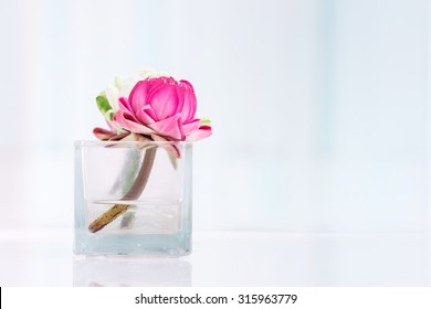 Lotus Flower Or Water Lily Decoration In Glass Vase On Table, Buddhism And Zen 