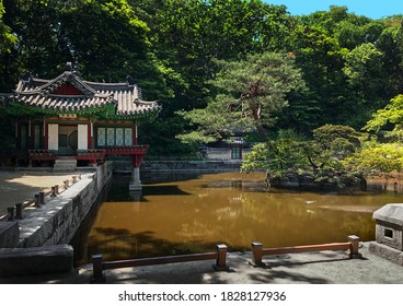 Lotus pond and pavilion at the Huwon park (Secret Garden). Changdeokgung palace  one of the Five Grand Palaces of the Joseon Dynasty. Seoul,  South Korea. Translation plate: Lotus Pavilion - Powered by Shutterstock