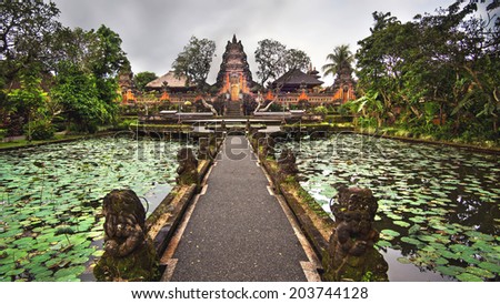 Lotus pond and Pura Saraswati temple in Ubud, Bali, Indonesia.