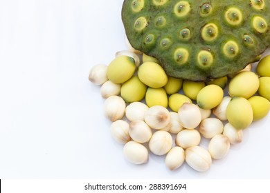 Lotus seeds on white background.