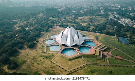 The Lotus Temple located in Delhi, India. Aerial photo. - Shutterstock ID 2191479471