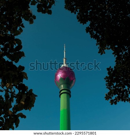 The lotus tower in a frame of trees
