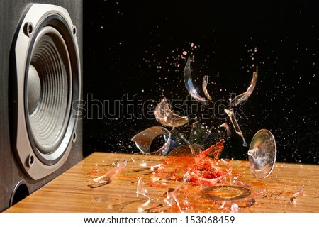 Loud Music Can Cause Damage - Studio Shot of Glass of wine exploding in front of a loud Subwoofer