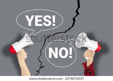 Loudhailers, criticism, dispute concept, hands holding megaphones. Announcement, advertising, public hearing concept. Design with loudspeaker, background with inscription YES, NO