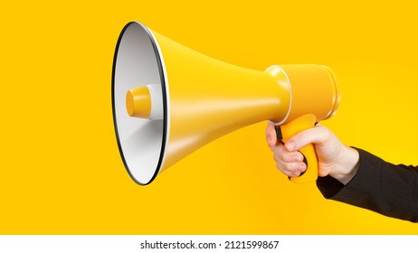 Loudspeaker Close-up. Megaphone In Woman's Hand. Yellow Speaker. Megaphone As Metaphor For Propaganda And Marketing. Loudspeaker For Your Advertising Banner Yellow Megaphone Close-up