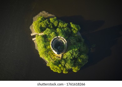 Lough Oughter, co. Cavan / Ireland - June 2020 : aerial view of Ireland truly hidden gem - Cloughoughter Castle that sits on a small island in Lough Oughter in county Cavan. 