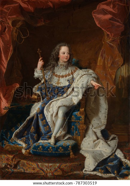 LOUIS\
XV, by Hyacinthe Rigaud, 1714, French Baroque painting, oil on\
canvas. He ascended the throne at age five, succeeding his\
great-grandfather, and reigned from 1714 to\
1774