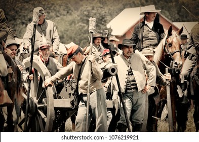 LOUISA, VA – JUNE 9, 2012: Men Re-enact The Civil War Battle Of Trevilian Station In Louisa, Virginia On The Original Site Which Took Place June 11,12, 1864 Between Union And Confederate Cavalry.