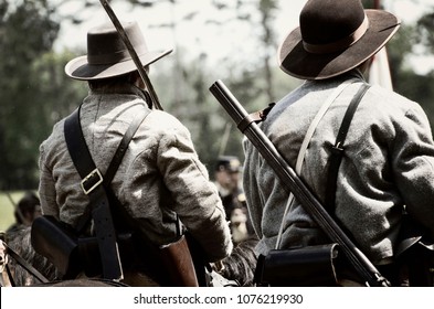 LOUISA, VA – JUNE 9, 2012: Men Re-enact The Civil War Battle Of Trevilian Station In Louisa, Virginia On The Original Site Which Took Place June 11,12, 1864 Between Union And Confederate Cavalry.