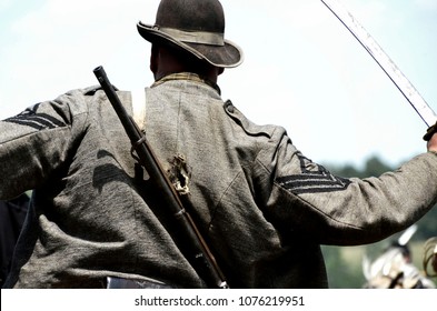 LOUISA, VA – JUNE 9, 2012: Men Re-enact The Civil War Battle Of Trevilian Station In Louisa, Virginia On The Original Site Which Took Place June 11,12, 1864 Between Union And Confederate Cavalry.