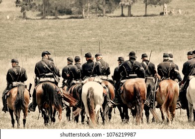 LOUISA, VA – JUNE 9, 2012: Men Re-enact The Civil War Battle Of Trevilian Station In Louisa, Virginia On The Original Site Which Took Place June 11,12, 1864 Between Union And Confederate Cavalry.