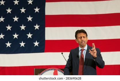 Louisiana Governor Bobby Jindal speaks at the First in the Nation Leadership Summit in Nashua, NH, on April 18, 2015. 