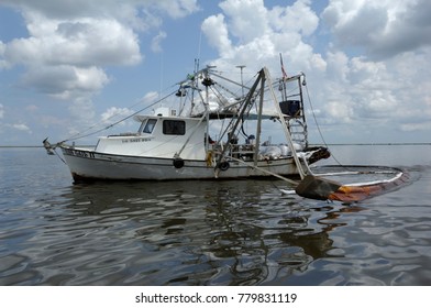 Louisiana Shrimp Boat Pulling Oil Absorbent Booms, Barataria Bay