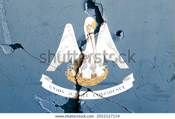 Louisiana State Flag icon grunge pattern\
painted on old weathered broken wall background, abstract US State\
Louisiana politics economy election society history issues concept\
texture wallpaper