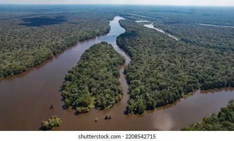 Louisiana Swamp Bay River And Cypress Tree Forest With Fishing Boat Afternoon High Angle Landscape Shot