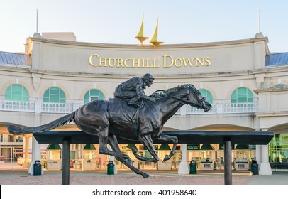 LOUISVILLE, KENTUCKY, USA - APRIL 3 2016:   Entrance to Churchill Downs featuring a statue of 2006 Kentucky Derby Champion Barbaro.