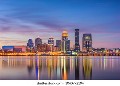 Louisville, Kentucky, USA Downtown Skyline At The River At Dusk.