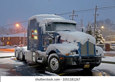 Louisville, Kentucky, USA - March 21, 2018: Keworth truck under the snow after storm, Louisville, Kentucky