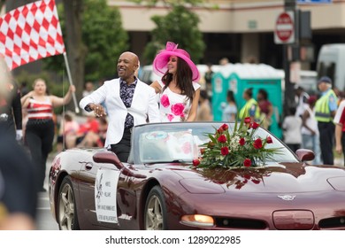 Louisville, Kentucky, USA - May 03, 2018: The Pegasus Parade, Montel Williams TV Show Host, Riding On A Car Going Down W Broadway