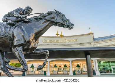 LOUISVILLE, KENTUCKY, USA - MAY 15 2016:   Entrance to Churchill Downs featuring a statue of 2006 Kentucky Derby Champion Barbaro.