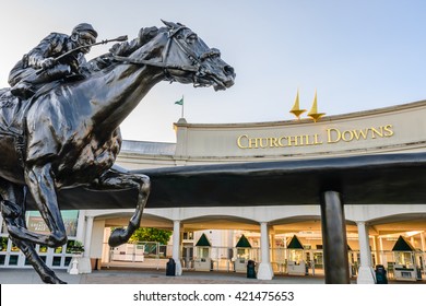 LOUISVILLE, KENTUCKY, USA - MAY 15, 2016:   Entrance to Churchill Downs featuring a statue of 2006 Kentucky Derby Champion Barbaro.