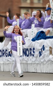 Louisville, Kentucky, USA - May 2, 2019: The Pegasus Parade, Woman Holding A Sign That Says, Living Donor, Promoting Organ Donation During The Parade