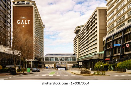 Louisville, KY, February 23, 2020: View of Galt House Hotel in downtown Louisville, Kentucky on Ohio River waterfront