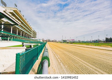 LOUISVILLE, KY - January 3, 2019:  Wide Angle View Looking Down The Length Of The Empty Racetrack At Churchill Downs Where The Kentucky Derby, One Leg Of Horse Racing's Triple Crown Is Run.