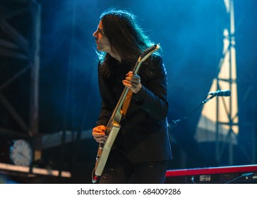 LOUISVILLE, KY - JULY 16: Brian Bell Of Weezer Performs At The 2017 Forecastle Music Festival On July 16, 2017 In Louisville, Kentucky.