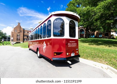 LOUISVILLE, KY, USA - JULY 22, 2018: Bellarmine University Uses A Red Trolley When Students Go On A Tour To Showcase The Beautiful Campus.