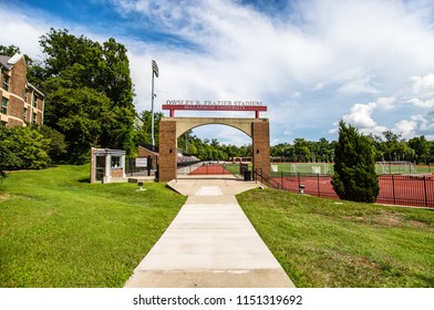 LOUISVILLE, KY, USA - JULY 22, 2018: In 2007, The Owsley B. Frazier Stadium On The Campus Of Bellarmine University. This Stadium Is Used For Soccer, Field Hockey, Lacrosse, And Track & Field.