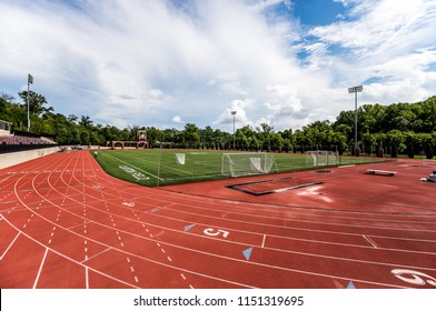 LOUISVILLE, KY, USA - JULY 22, 2018: In 2007, The Owsley B. Frazier Stadium On The Campus Of Bellarmine University. This Stadium Is Used For Soccer, Field Hockey, Lacrosse, And Track & Field.