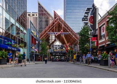 LOUISVILLE, KY, USA - JULY 24, 2018: Fourth Street Live is a part of downtown Louisville that features bars, stores, and restaurants, as well as having concerts and events open to the public.