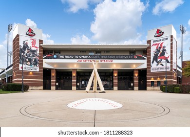 LOUISVILLE, KY, USA - October 23, 2017: The Jim Patterson Stadium Is The Home Field For The Louisville Cardinals Baseball Team. Giant Baseball Bats And A Baseball Sit Out Front Of The Stadium.